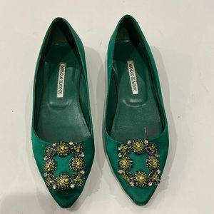 Manolo Blahnik Crystal Embellished Hangisi Silky Satin Green Buckle Flat…